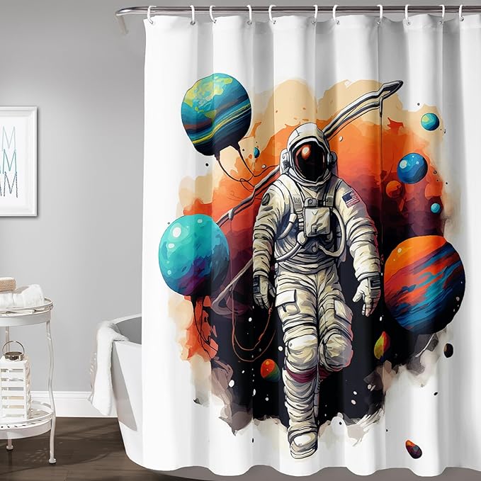 AILONEN Astronaut Shower Curtain for Bathroom,Planet Spaceman Bath Curtain for Kids Boys Teens,Universe Polyester Waterproof with Plastic Hooks 36" W*72" H