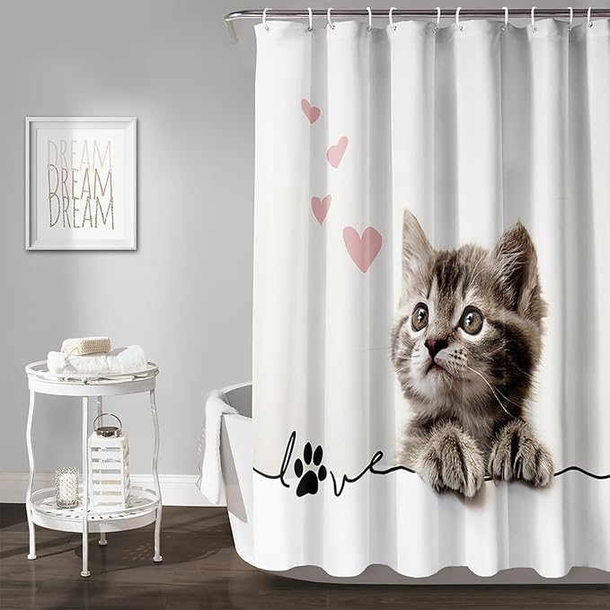 AILONEN 3D Kawaii Cat Shower Curtain, Fuzzy Ball Kitten Shower Curtain for Kids Girls Boys Bathroom Decor,Cute Pet Cat Lover Waterproof Shower Curtains Sets with Hooks,72" W*78" H