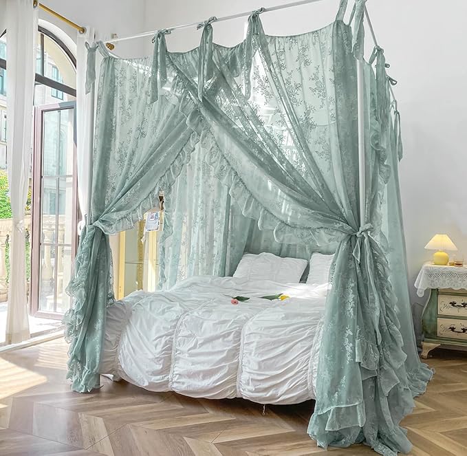 Mengersi Canopy Bed Curtains with Tie Backs,Bed Canopy Curtains Bed Drapes Sheer Lace Curtains for Bedroom Decor(California King,Sage Green