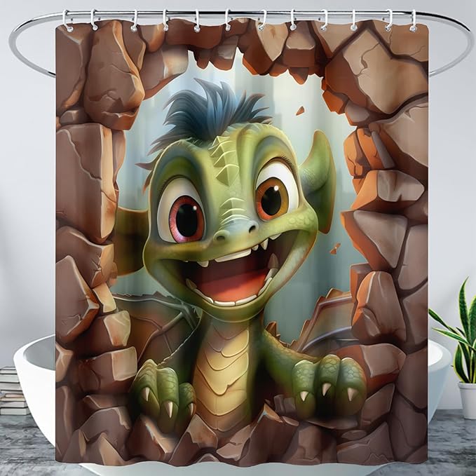 AILONEN Cartoon Dinosaur Shower Curtain for Kids,Funny Green Dinosaur Shower Curtain for Bathroom,Girls,Cute Animal Shower Curtain Set with Hooks,72" W*84" H
