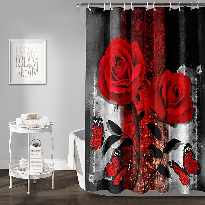 AILONEN Red Rose Shower Curtain for Bathroom, Romantic Rose Flower Bath Curtain,Grey Abstract Waterproof Floral Butterfly Print Shower Curtain Decoration with 12 Plastic Hooks, 72" W*78" H