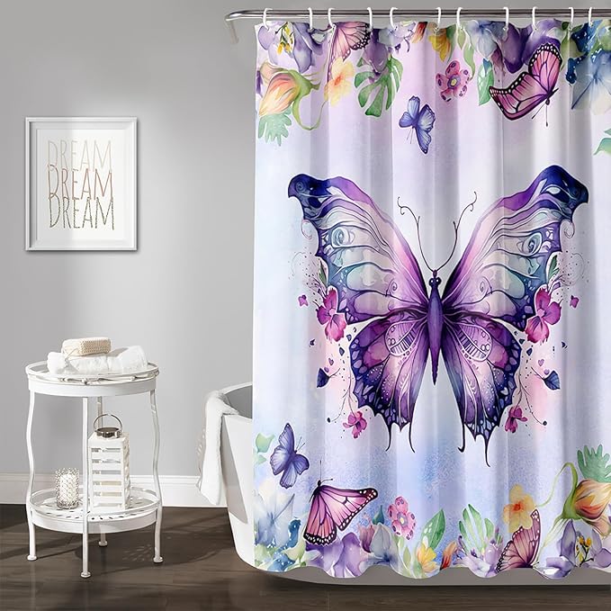 AILONEN Butterfly Shower Curtain for Bathroom, Purple Butterfly Bath Curtain Decor,Modern Printed Waterproof Shower Curtain with 12 Plastic Hooks (Kids/Girls/Women/Teen/) 72" W*84" H