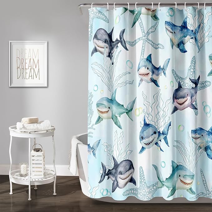 AILONEN Shark Shower Curtain for Bathroom, Cute Shark Bathroom Curtain,Blue Tie Dye Ocean Theme Bath Curtain 36" W*72" H Polyester Waterproof Children Boys Bathroom Curtain with 12 Hooks