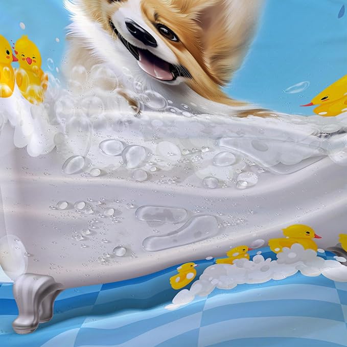 AILONEN 3D Bathtub Dog Shower Curtain for Kids 72" W*72" H Kawaii Shower Puppy and Bathtub Yellow Duck Shower Curtain,Polyester Waterproof Fabric Decor for Bathroom Bathtub Panels