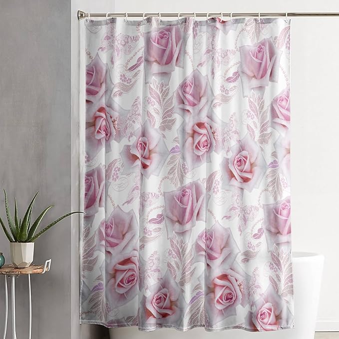 AILONEN Girls Rose Shower Curtain 72" W*78" H, Pink Rose Shower Curtain with 12 Hooks,Waterproof Floral Shower Curtain for Bathroom,Romantic Flower Pink Shower Curtain