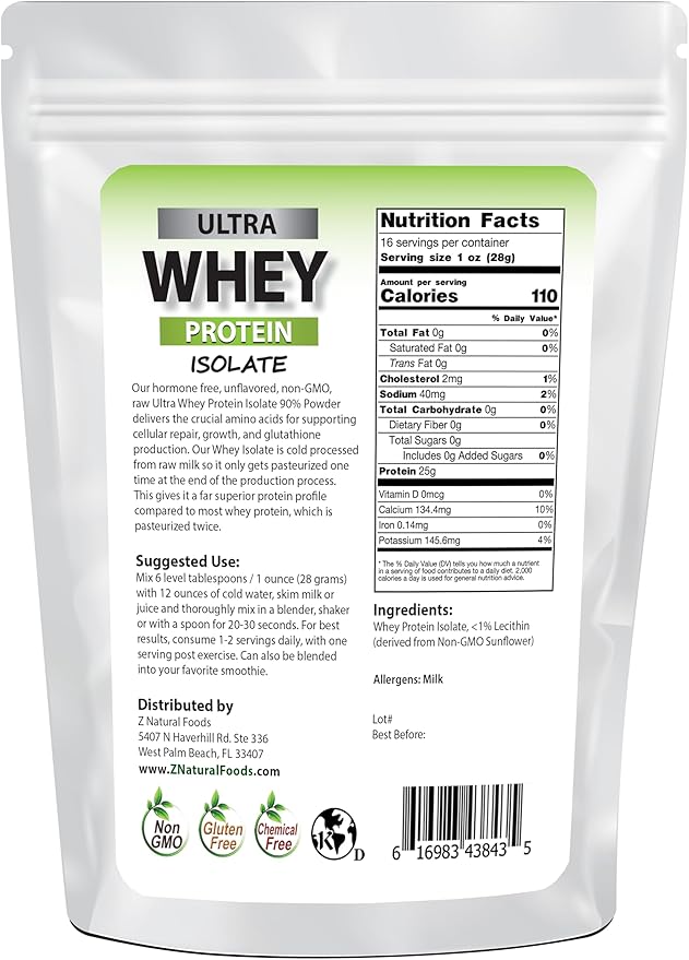Z Natural Foods Ultra Whey Protein Isolate Powder - Pure, Unflavored, Unsweetened Whey Protein Powder - Flavorless Whey Isolate with Vital Proteins for Fitness, Sports Nutrition, Immune Support, 1 lb