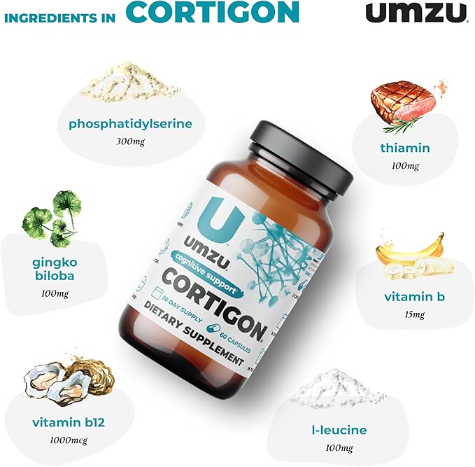 UMZU CORTIGON Cortisol Manager Supplement | Natural Stress Support Complex with Ginkgo Biloba, Phosphatidylserine, B Vitamins | Memory, Focus & Mood Aid (30 Day Supply | 60 Capsules)