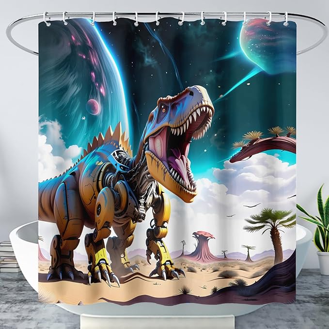 AILONEN Dinosaur Shower Curtain for Kids Boys Teens.Sky Blue Planet Dinosaur Bath Curtain for Bathroom,Machine Dinosaur Curtain Modern Polyester with 12 Plastic Hooks 72" W*72" H