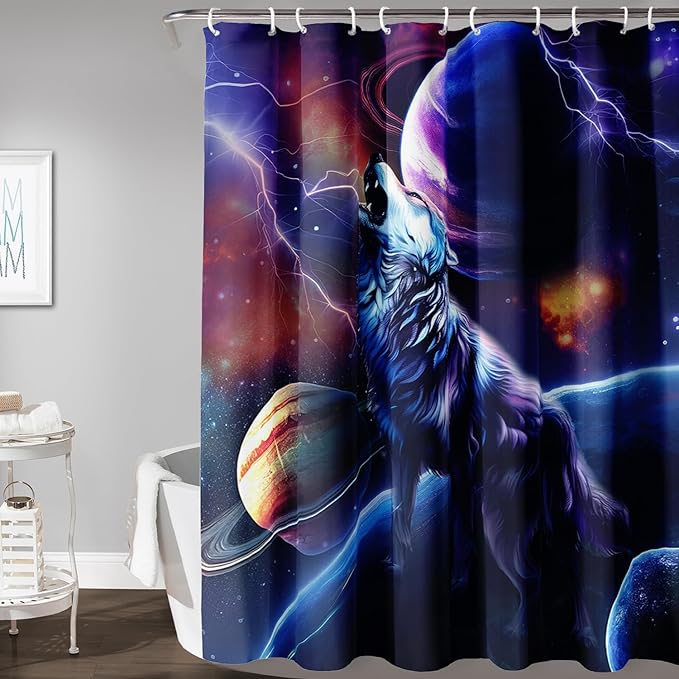 AILONEN Howling Wolf Shower Curtain,Lightning Planet Wolf Bath Curtain for Kids Boys Girls,Wildlife Animal Polyester Waterproof for Shower with 12 Plastic Hooks 72" W*72" H