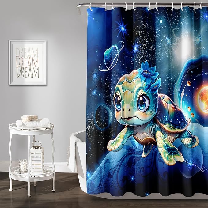 AILONEN 3D Sea Turtle Shower Curtain for Bathroom, Cute Turtle Blue Space Galaxy Bath Curtain,Kids Kawaii Ocean Turtle Decorative Watercolor Curtain with 12 Plastic Hooks for Boys Girls 48" W*72" H