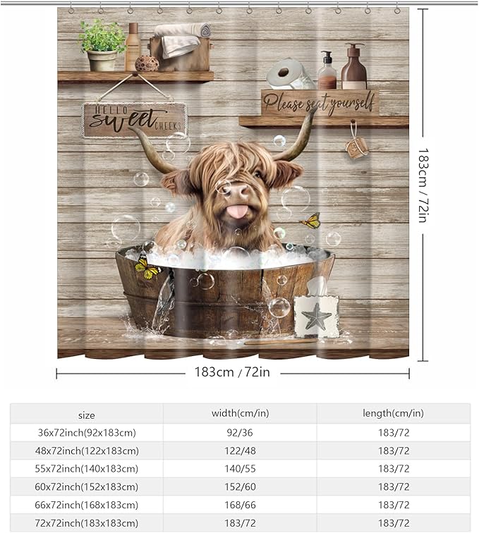 Farmhouse Highland Cow Shower Curtain Funny Western Farm Animal Bull Shower Curtains for Bathroom Decor Waterproof Polyester Fabric Country Cattle Bathroom Curtain with Hooks 66x72 Inch