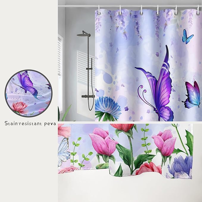 AILONEN Girls Butterfly Shower Curtain for Bathroom,Colorful Floral Flower Purple Watercolor Butterfly Printed Bath Curtain 72" W*72" H Polyester Fabric Waterproof Bathroom Curtain with 12 Hooks