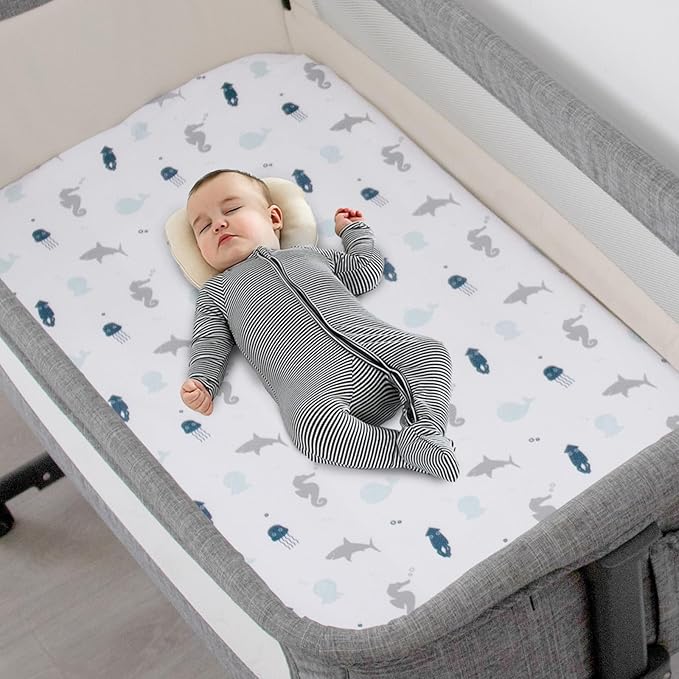 Bassinet Sheets 4 Pack Fit for Fodoss, Cloud Baby, RICUTON, Yacul, VaVaSoo Rocking, Simmons Kids Bassinet(not for Twins) and Graco Travel Lite, Ultra Soft Skin-Friendly, Aqua Dinosaurs & White Ocean