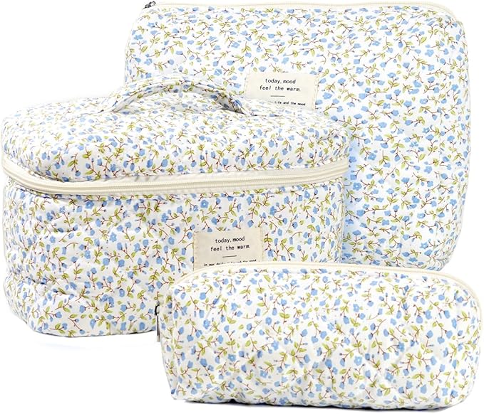 3PCS Makeup Bag Large Cosmetic Pouch Bag with Handle Cute Floral Small Makeup Bag for Purse, Quilted Cotton Skincare Storage Bag Travel Makeup Bag Set for Women, Bridesmaids, Gifts, Fresh Blue