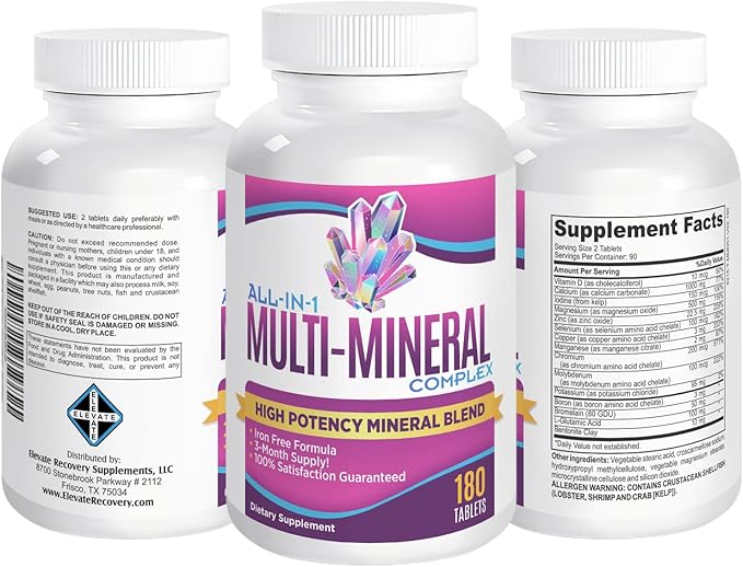 3-Month Multimineral Supplement Iron Free (All-in-1 Formula) Multi Mineral Complex - Trace Minerals - Mineral Supplements - High Potency Multiminerals - 180 Tablets