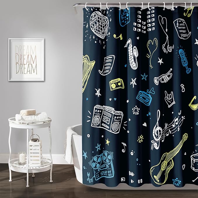 AILONEN Graffiti Note Music Shower Curtain,Hip Hop Music Art Bath Curtain Minimalist Bathroom Curtain 72" W*84" H Polyester Waterproof Bathroom Curtain with 12 Hooks