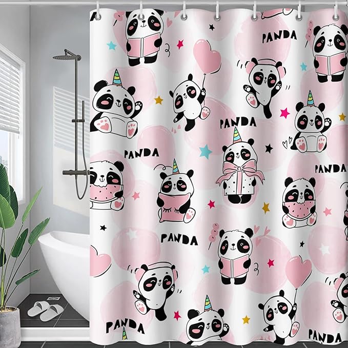 AILONEN Panda Shower Curtain for Bathroom, Cute Kawaii Panda Kids Bathroom Curtain,Pink Cartoon Bath Curtain 48" W*72" H Polyester Waterproof Bathroom Curtain with 12 Hooks