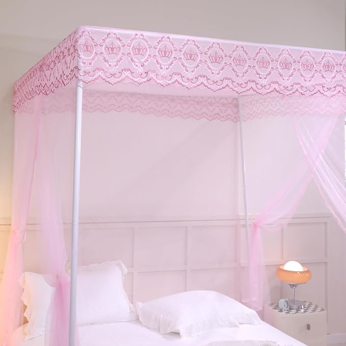 Bed Canopy, Princess Bed Curtain Net for Girls & Adults,Three-Doors Rectangle Lace Dome Netting (Baby Pink, King)