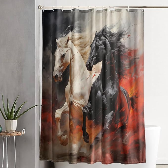 AILONEN 3D Horse Shower Curtain,Black White Galloping Horses Waterproof Fabric Shower Curtains for Bathroom,Farmhouse Animals Bath Curtain Set with Hooks, 60" W*72" H