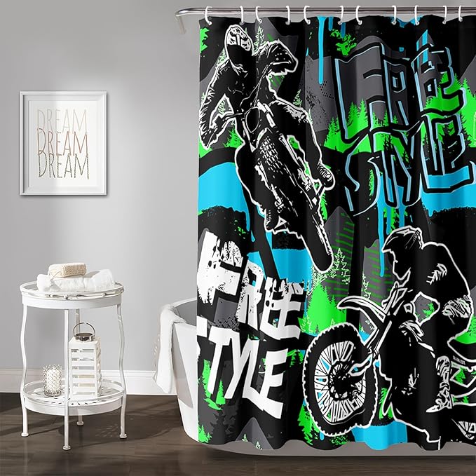 AILONEN Boys Motocross Hip Hop Shower Curtain,Dirt Bike Racer Waterproof Bath Curtain,Motorcycle Sport Curtain for Kids Men,Colorful Cartoon Shower Curtain 36" W x 72" H