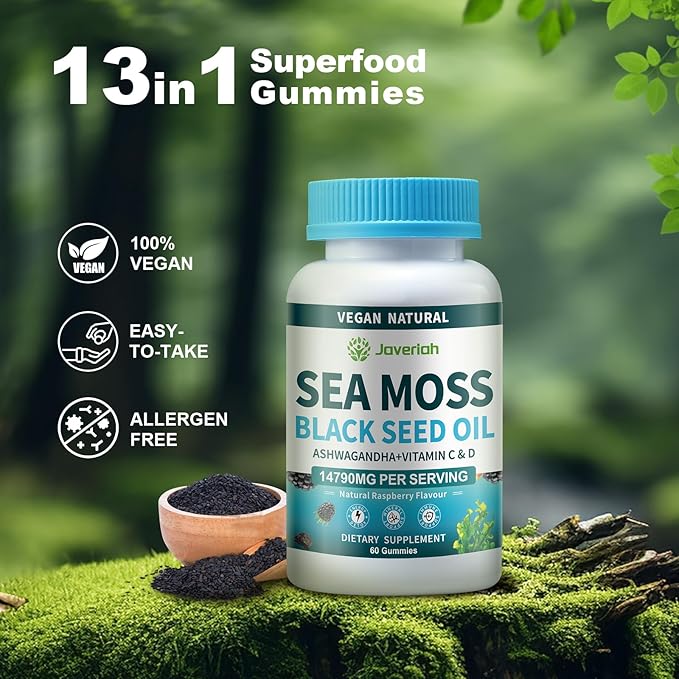2Pack Supervegan Sea Moss Gummies with Black Seed Oil,Ashwagandha, Vitamin C&D for Immune Support, Digestive, Antioxidant 13 in 1 Bundle, Sea Moss Chlorophyll Advanced Strength Formula 120 Gummies