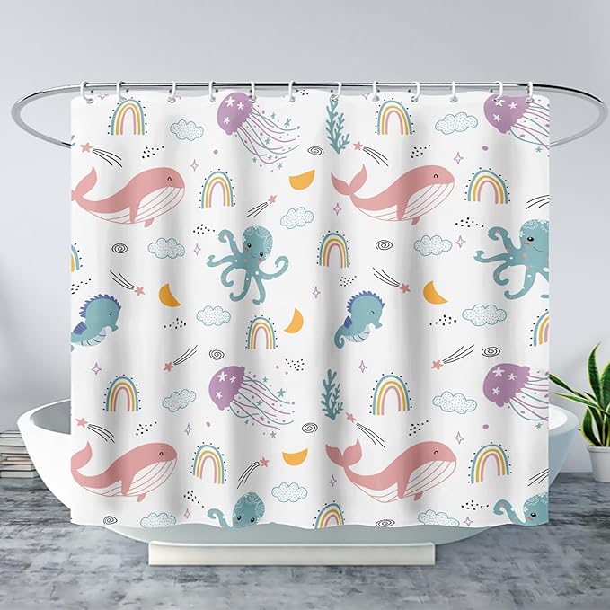 AILONEN Cartoon Dolphin Shower Curtain for Kids 36" W*72" H Inch,Cute Seahorse Rainbow Octopuses Shower Curtain,Ocean Life Theme 12 Pack Hooks Polyester Waterproof Fabric Decor for Bathroom