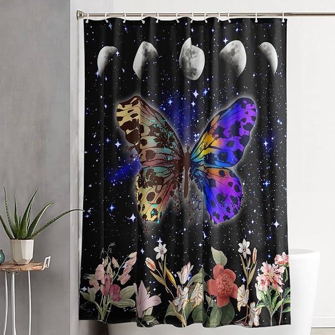 AILONEN Colorful Moth Shower Curtain,Sun and Moon Shower Curtain Set for Kids Girls Boys,Boho Natural Flowers Bath Curtain,Starry Night Bathroom Decor Shower Curtain with 12 Hooks,72" W*84" H