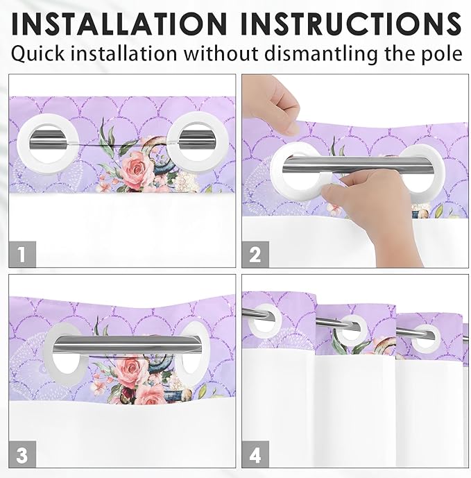 Anchor Beach Nautical No Hook Shower Curtain with Snap in Liner, Mermaid Pink Floral Coral Bath Curtain with Double Layers Waterproof Fabric and Mesh Top Window 71x74 Inch