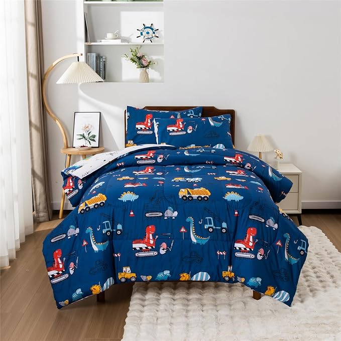 Meeting Story Construction Truck Car Twin Comforter Set for Boys,5 Pieces Dinosaur Bedding Set with Sheets and Pillowcases,Excavator Lightweight Microfiber Bedding Sets(Blue,Twin5pcs)