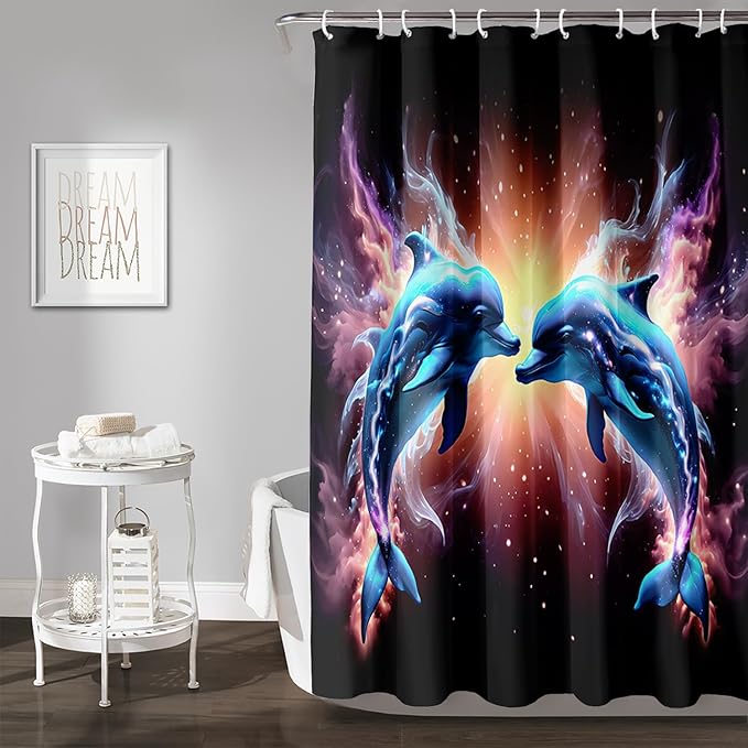AILONEN 3D Dolphin Shower Curtain for Bathroom, Cute Kawaii Blue Ocean Dolphin Bath Curtain,Fantasy Smoky Print Black Curtain Waterproof with 12 Plastic Hooks for Boys Girls 72" W*78" H