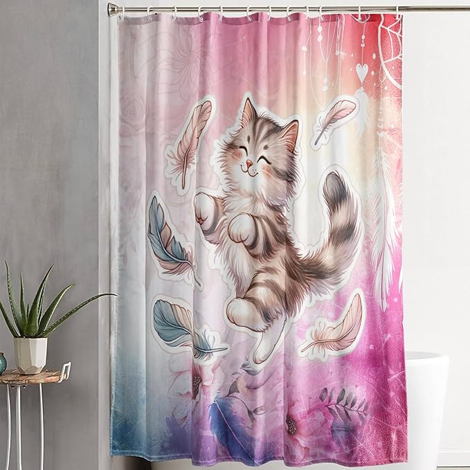 AILONEN Cartoon Cat Shower Curtain,Kawaii Dance Kitten and Feathers Bathroom Curtain Set for Kids Boys,Cute Animal Kittens Waterproof Shower Curtain for Bathroom, 48" W*72" H Pink
