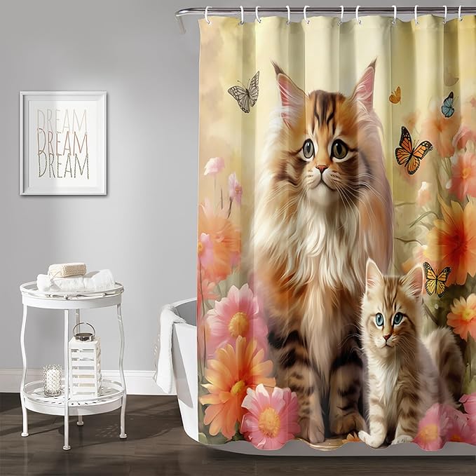AILONEN Cartoon Kawaii Cat Shower Curtain for Kids Girls, 3D Cat Mum and Son with Flower Shower Curtain for Bathroom Decor,Cat Lovers Animal Waterproof Shower Curtains Sets with Hooks,36" W*72" H