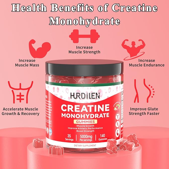 140 Count Creatine Monohydrate Gummies, 5000mg Creatine Monohydrate No Sugar Gummies for Women & Men with L-Taurine, Vitamin B12 for Muscle Strength, Muscle Recovery, Glute Builder, Energy Boost