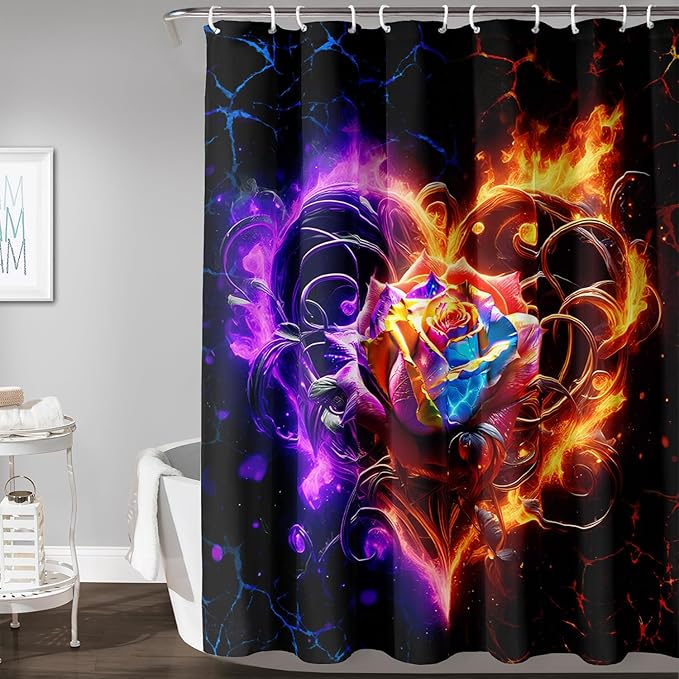 AILONEN Rose Shower Curtain for Bathroom,Purple Red Flame Fire Rose Hearts Print Bath Curtain,Modern Print Decoration Waterproof Shower Curtain with 12 Plastic Hooks, 72" W*78" H