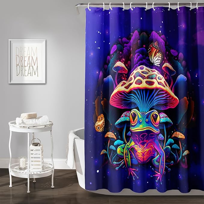 AILONEN Colorful Frog Shower Curtains,Poisonous Mushroom Printed Bath Curtains for Kids,Purple Polyester Waterproof for Bathroom,60" W*72" H with 12 Plastic Hooks