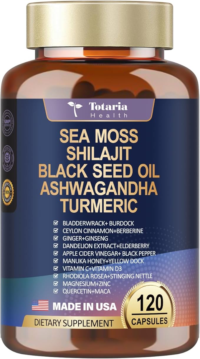 25-in-1 Sea Moss Black Seed Oil Ashwagandha Ginger Shilajit Supplement 18525mg, Sea Moss Capsules with Bladder Burdock Ceylon Cinnamon Berberine ACV Manuka VIT C&D3 for Immune, Gut & Energy, 120 Caps