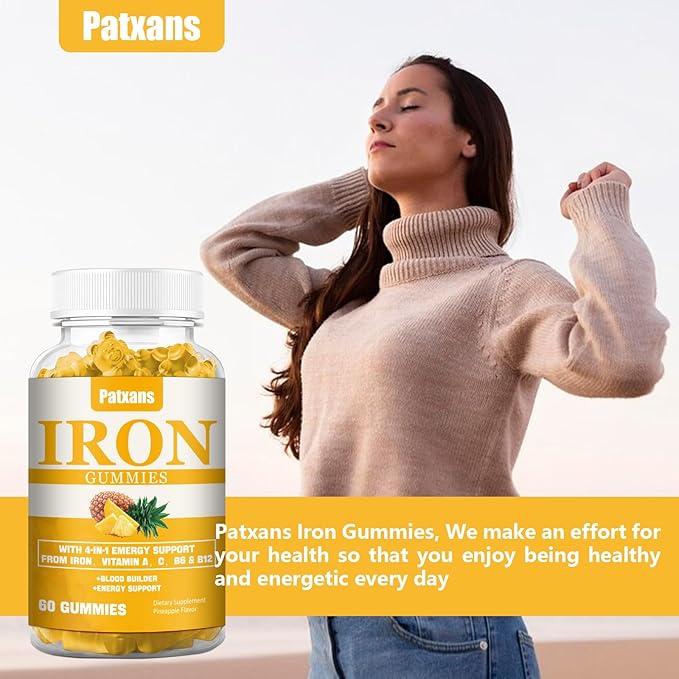 2 Packs 100MG Iron Supplement Gummies for Women & Men - with Vitamin A, C, B - Blood Builder & Energy Support for Iron Deficiency, Anemia, Adults & Children, Vegan, Pineapple Flavor Gummy, 120ct