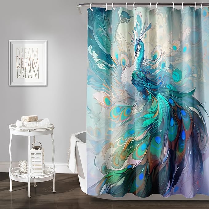 AILONEN Peacock Shower Curtain, Green Bird Shower Curtain for Bathroom Decor,Beautiful Bird Peacock Bath Curtain for Girls Women Fresh Nature Waterproof Curtains Sets 72" W*84" H