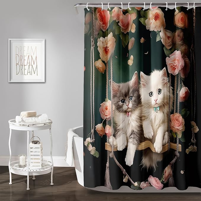 AILONEN Cartoon Beautiful Cat Shower Curtain, Kawaii Kittens with Flower Shower Curtain for Bathroom Decor,Cat Lovers Animal Waterproof Shower Curtains Sets with Hooks,72" W*84" H