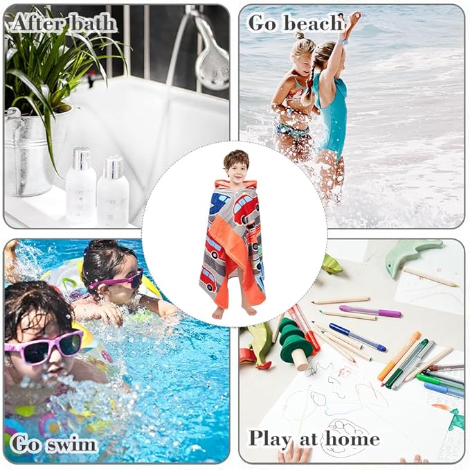 Kids Hooded Bath Beach Towel Girls Boys, Super Absorbent & Soft Towel Poncho for Shower/Beach/Pool Child Cover ups 50"x30" Large Towel Wrap (Car Pattern)