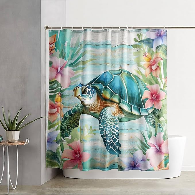 AILONEN Cute Sea Turtle Shower Curtain,Cartoon Beautiful Turtle with Flowers Shower Curtain Set for Bathroom,Ocean Animal Waterproof Fabric Shower Curtain with Hooks,36" W*72" H