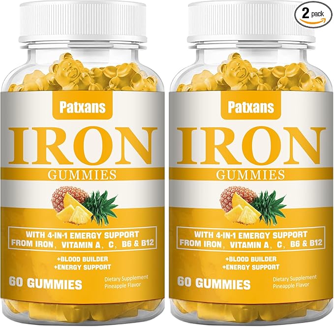 2 Packs 100MG Iron Supplement Gummies for Women & Men - with Vitamin A, C, B - Blood Builder & Energy Support for Iron Deficiency, Anemia, Adults & Children, Vegan, Pineapple Flavor Gummy, 120ct