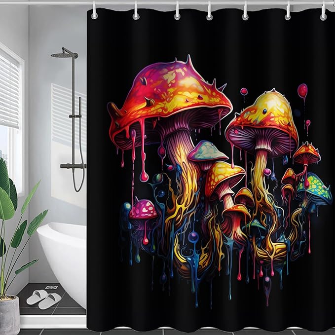 AILONEN Mushroom Shower Curtain,Oil Painting Mushroom Bath Curtain,Cartoon Mushroom Magic Fungus Print Black Waterproof Shower Curtain with 12 Plastic Hooks, 48" W x 72" H