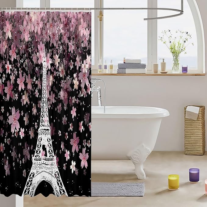 Feelyou Eiffel Tower Shower Curtain 72"x84" Kids Cherry Blossoms Bathroom Shower Curtain Set for Boys Girls Teens Romantic Paris Bath Curtain Floral Botanical Bathroom Accessories