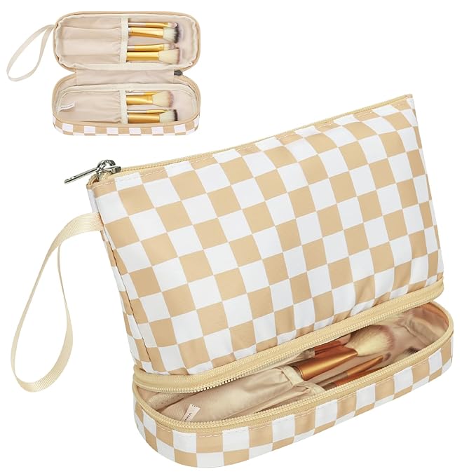 Ethereal Checkered Small Makeup Bag, Travel Makeup Brushes Organizer Bag for Women Purse Daily Double Layer Cosmetic Bag Portable Makeup Pouch, khaki