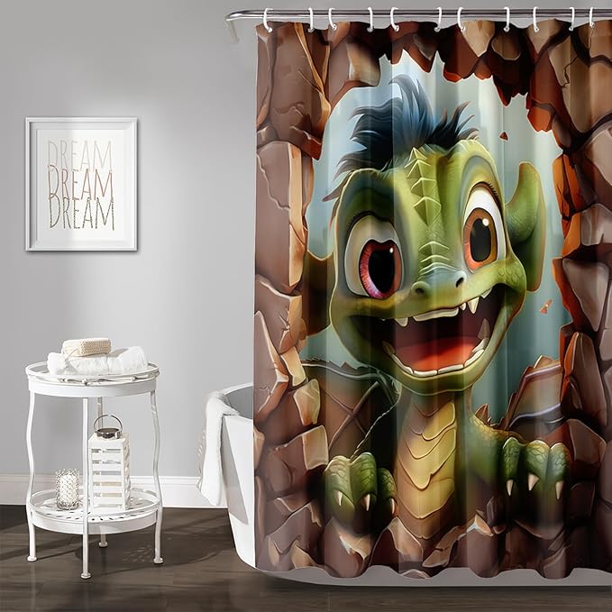 AILONEN Cartoon Dinosaur Shower Curtain for Kids,Funny Green Dinosaur Shower Curtain for Bathroom,Girls,Cute Animal Shower Curtain Set with Hooks,60" W*72" H