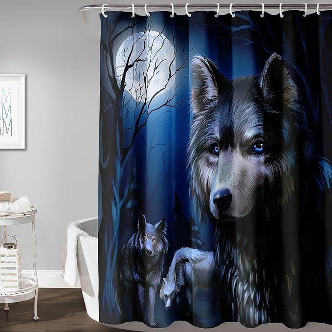 AILONEN Cool Wolf Shower Curtain,Evening Moon Wolf Bath Curtain for Bathroom Decor,Polyester Waterproof for Shower,72" W*96" H with 12 Plastic Hooks