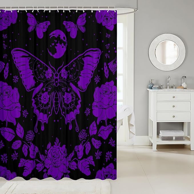Feelyou Purple Butterfly Fabric Shower Curtain Cover Botanical Floral Shower Curtain for Kids Boys Girls Butterflies Bathroom Waterproof Accessories with 12 Hooks Flying Curtains,72x72 Inches