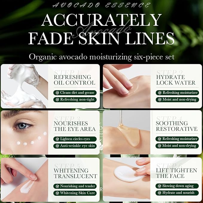 6Pcs Avocado Skincare Set, 6-In-1 Hydrating Skincare Gift Kit with Facial Cleanser, Face Toner, Anti-wrinkle Serum, Face Lotion, Face Cream & Eye Cream, Moisturizing Anti-Aging Skin Care Kit
