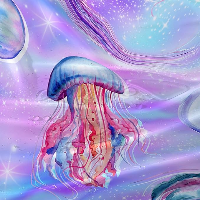 AILONEN Jellyfish Shower Curtain,Cartoon Sea Animal Jellyfish Bath Curtain Set for Kids Girls,Tie Dye Starry Night Fabric Shower Curtains for Bathroom, 60" W*72" H